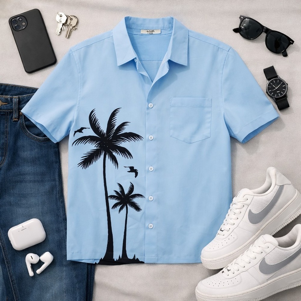 New COOFANDY Men's Blue Palm Tree Graphic Short Sleeve Beach Shirt, Size Small